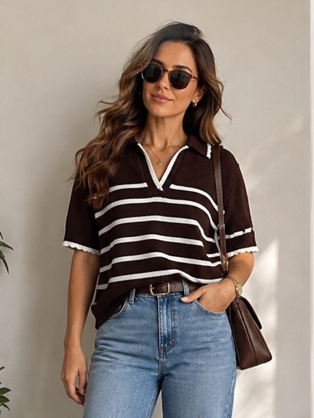Nanette Lepore Brown and White Striped Polo Sweater